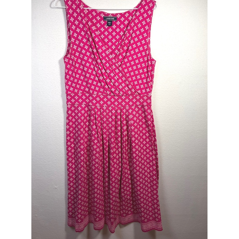 Lands' End Faux Wrap Dress Womens M/T 10-12 Pink Excellent Geometric Pleated